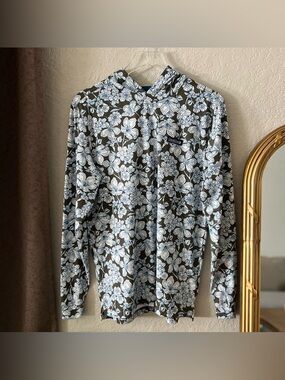 Good Good Golf Men’s Long Sleeve Hooded Dark Green Floral Shirt Size Small